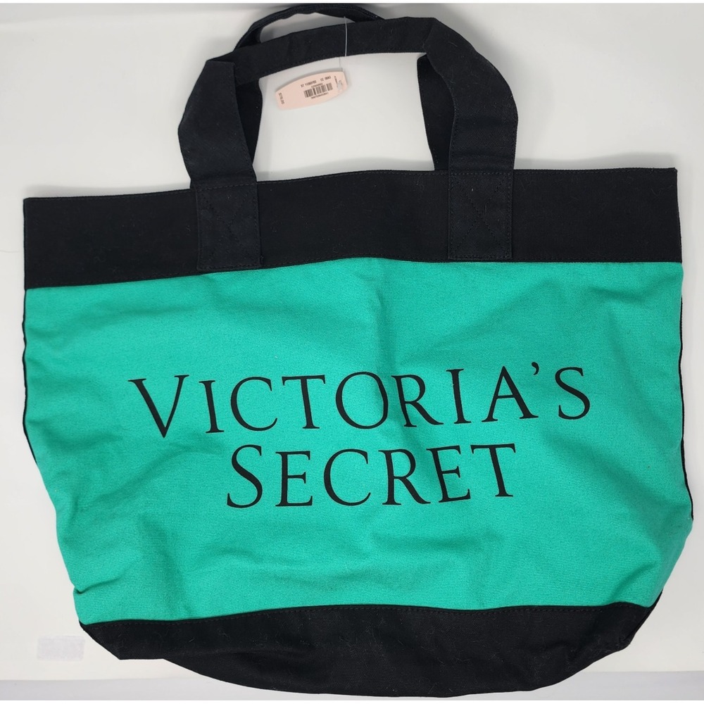 Victoria's Secret Tote Bag Women Large Teal Blue Black Canvas Logo Colorblock‎